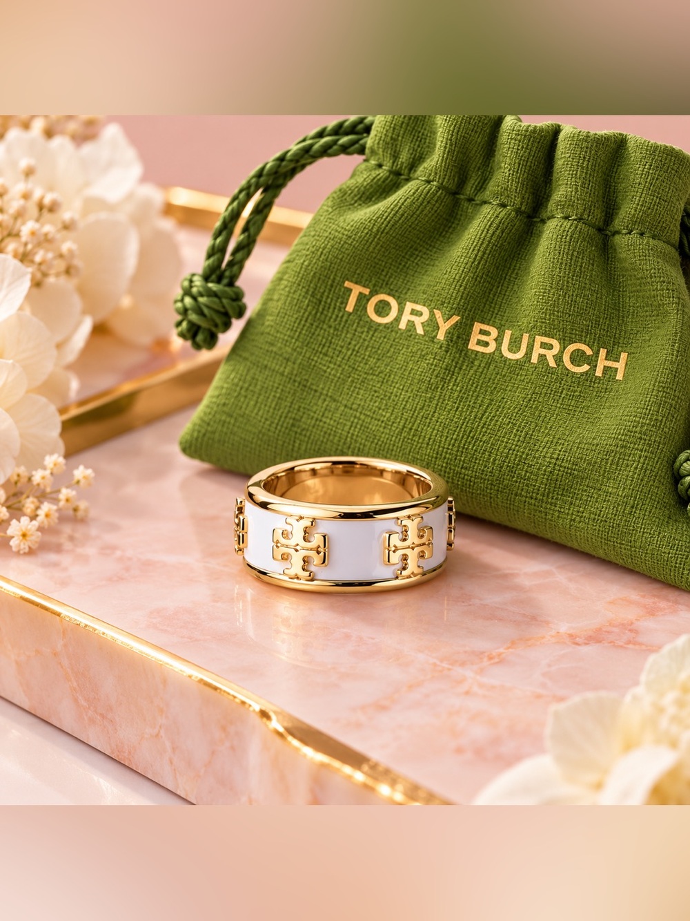 Tory Burch White Enamel and Gold Logo Band Ring